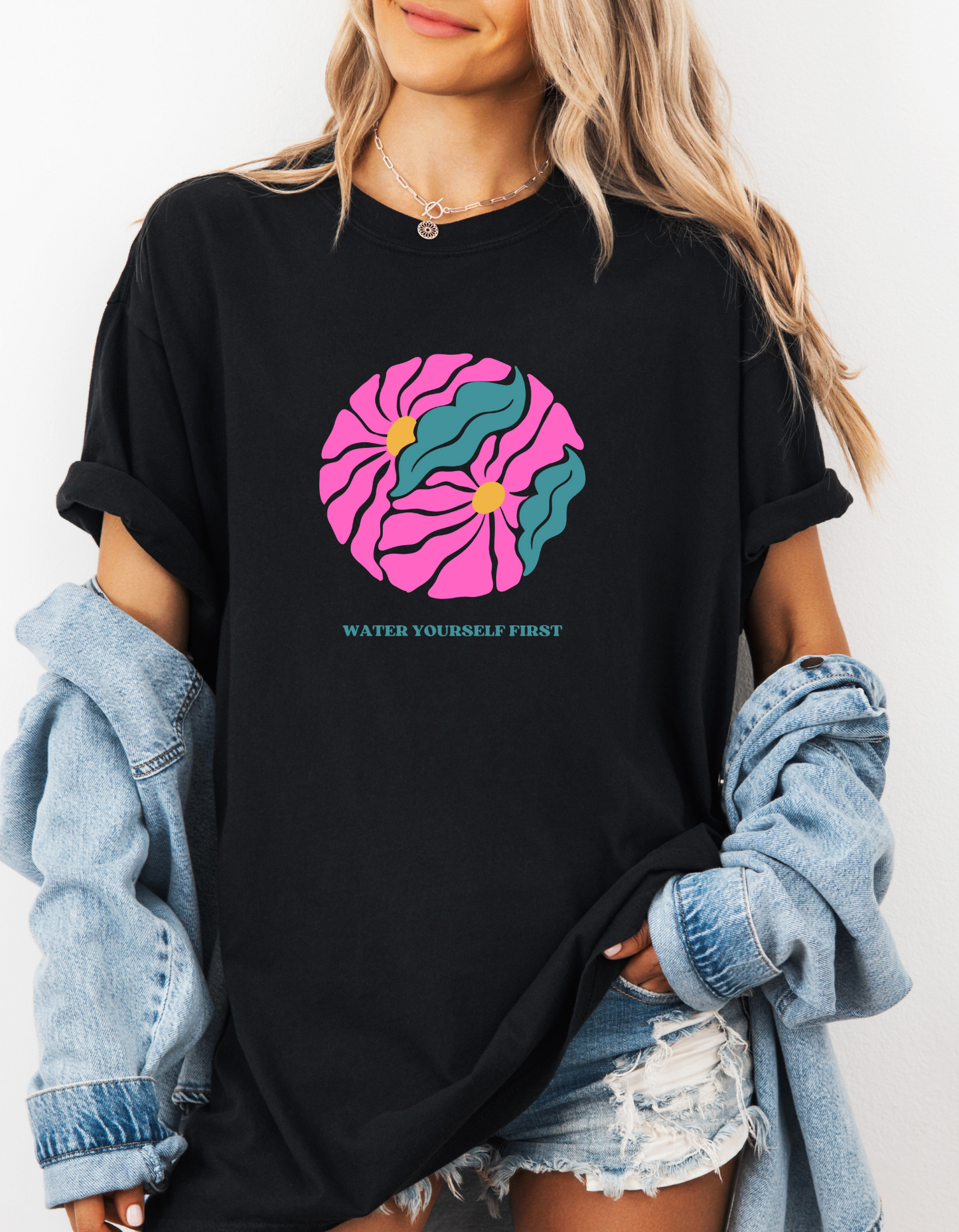 Vibrant Boho "Water Yourself First" T-Shirt | Pink & Turquois