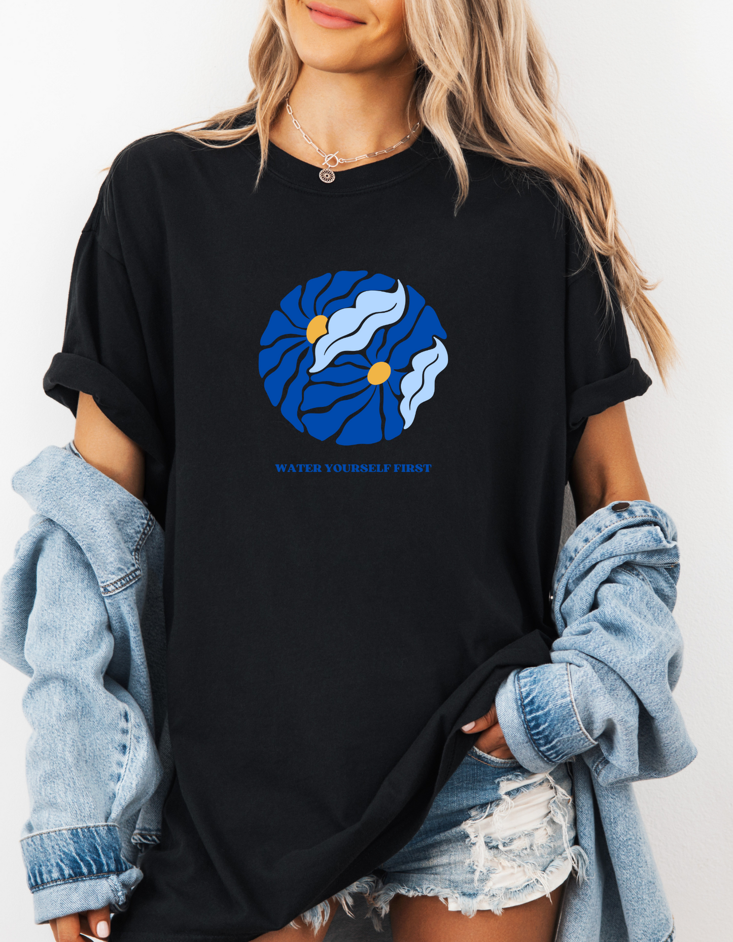 Vibrant Boho "Water Yourself First" T-Shirt | Royal & Baby Blue