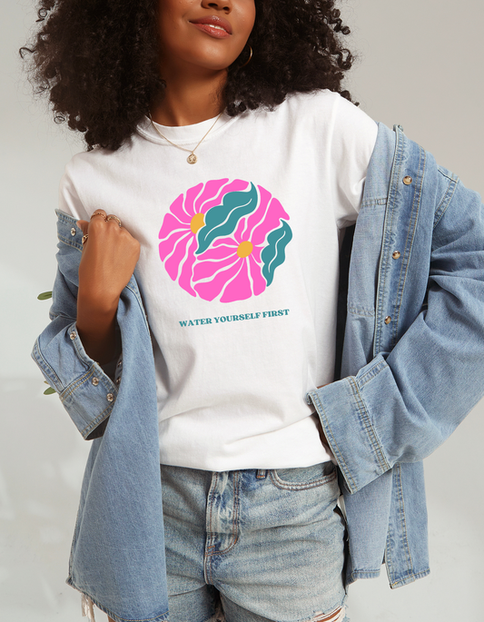 Vibrant Boho "Water Yourself First" T-Shirt | Pink & Turquois