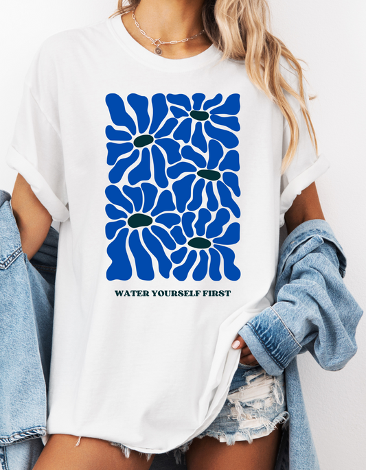 Vibrant Boho "Water Yourself First" T-Shirt | Royal & Baby Blue