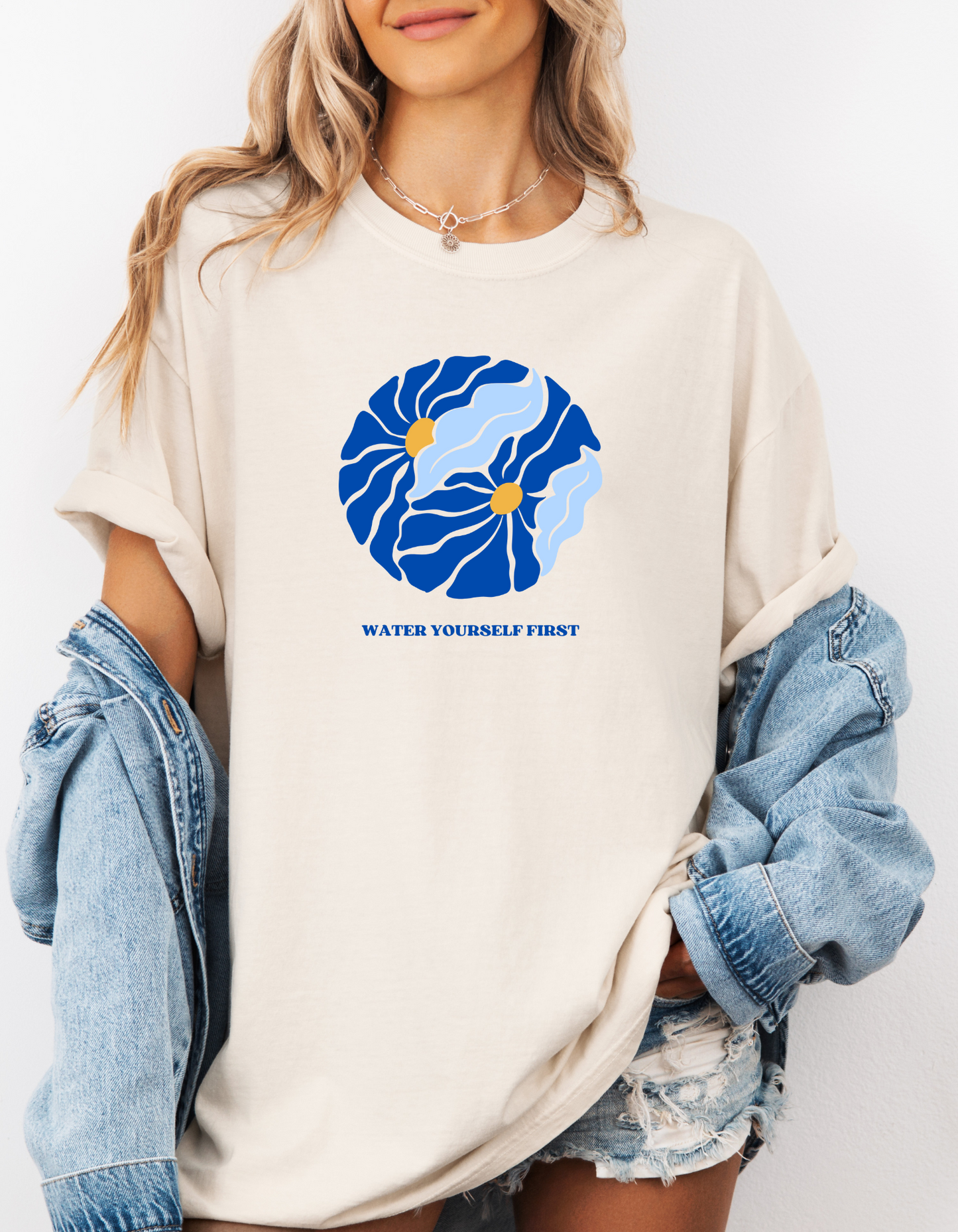 Vibrant Boho "Water Yourself First" T-Shirt | Royal & Baby Blue