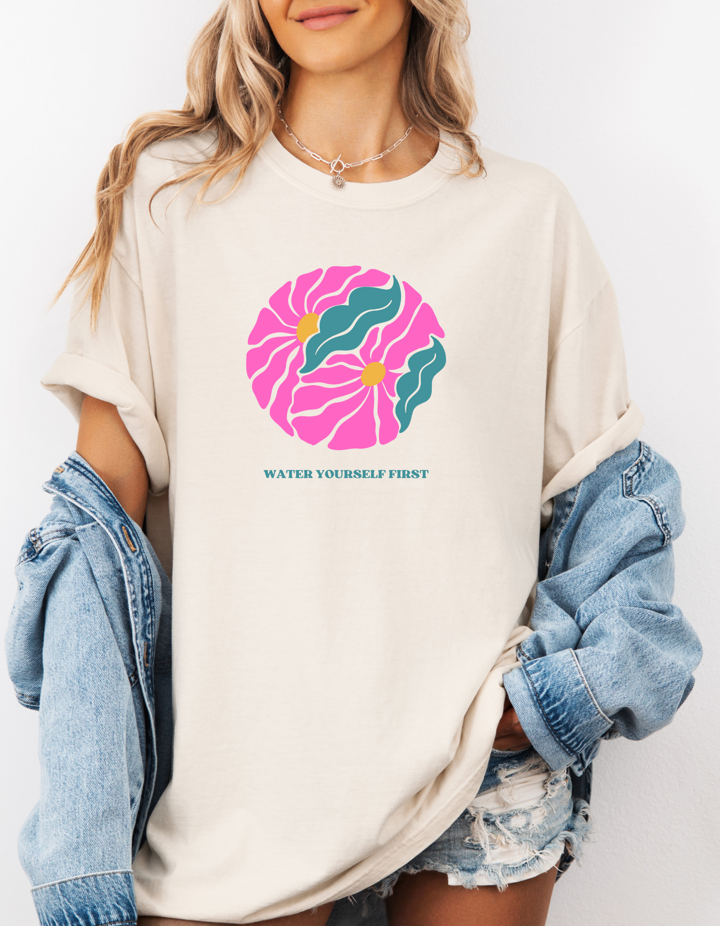 Vibrant Boho "Water Yourself First" T-Shirt | Pink & Turquois