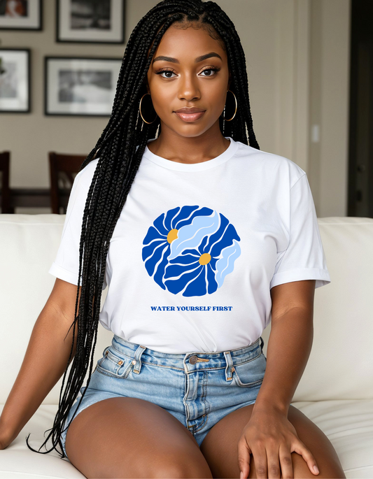 Vibrant Boho "Water Yourself First" T-Shirt | Royal & Baby Blue